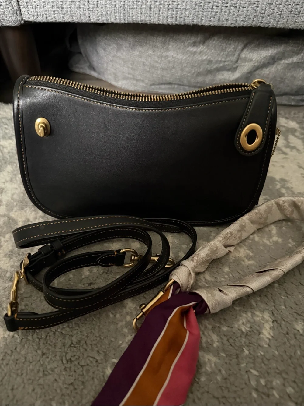 Coach Swinger - Black Women's Shoulder Bag with Coach Colorful Scarf Accent